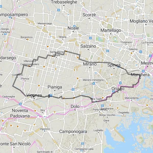 Map miniature of "Mestre to Mirano Loop" cycling inspiration in Veneto, Italy. Generated by Tarmacs.app cycling route planner