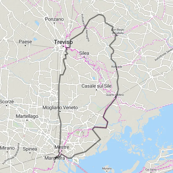 Map miniature of "Mestre to Marghera Loop" cycling inspiration in Veneto, Italy. Generated by Tarmacs.app cycling route planner