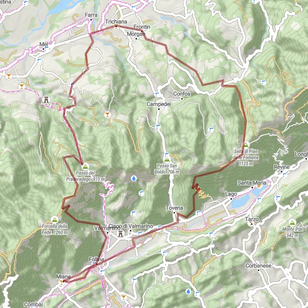 Mapa miniatúra "Gravel Bike okruh od Miane: Horská dobrodružná jazda" cyklistická inšpirácia v Veneto, Italy. Vygenerované cyklistickým plánovačom trás Tarmacs.app