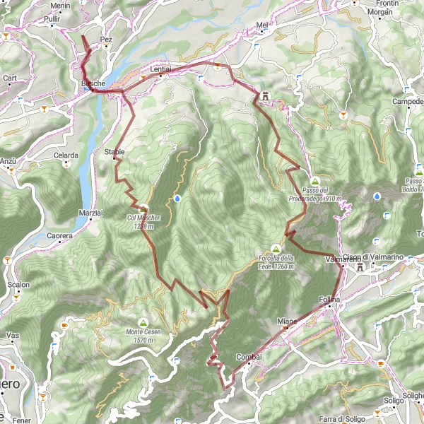 Miniatua del mapa de inspiración ciclista "Ruta de ciclismo de grava desde Miane a Lentiai" en Veneto, Italy. Generado por Tarmacs.app planificador de rutas ciclistas