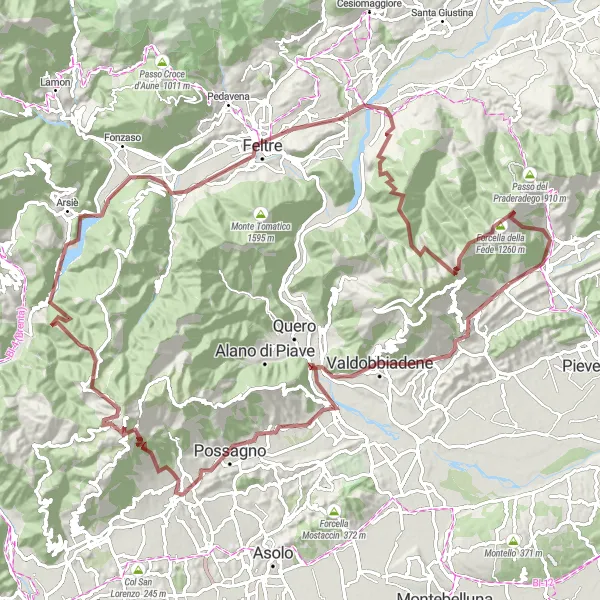 Miniatua del mapa de inspiración ciclista "Ruta de ciclismo de grava desafiante desde Miane a Feltre" en Veneto, Italy. Generado por Tarmacs.app planificador de rutas ciclistas
