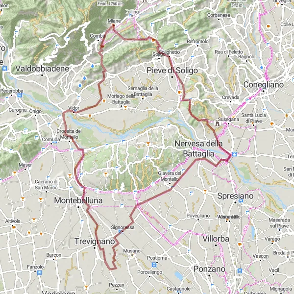 Miniatuurkaart van de fietsinspiratie "Gravelpad naar Montello" in Veneto, Italy. Gemaakt door de Tarmacs.app fietsrouteplanner