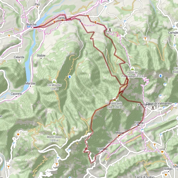 Kartminiatyr av "Utforska Busche och Guietta på cykel" cykelinspiration i Veneto, Italy. Genererad av Tarmacs.app cykelruttplanerare