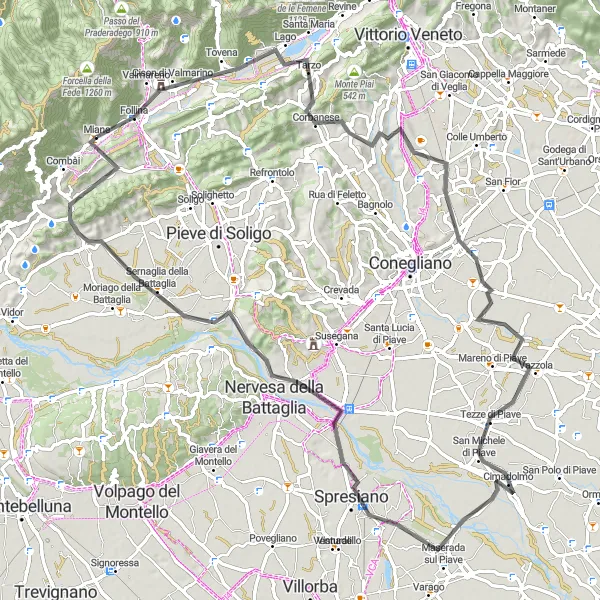 Miniatura mapy "Przejażdżka przez malownicze Sernaglia della Battaglia" - trasy rowerowej w Veneto, Italy. Wygenerowane przez planer tras rowerowych Tarmacs.app