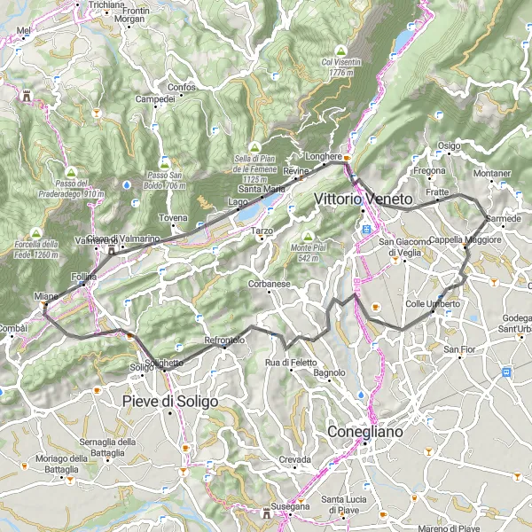 Miniature de la carte de l'inspiration cycliste "Follina to Col Maor Circuit" dans la Veneto, Italy. Générée par le planificateur d'itinéraire cycliste Tarmacs.app
