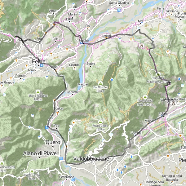 Kartminiatyr av "Vägcykling genom La Rocchetta och Miane" cykelinspiration i Veneto, Italy. Genererad av Tarmacs.app cykelruttplanerare