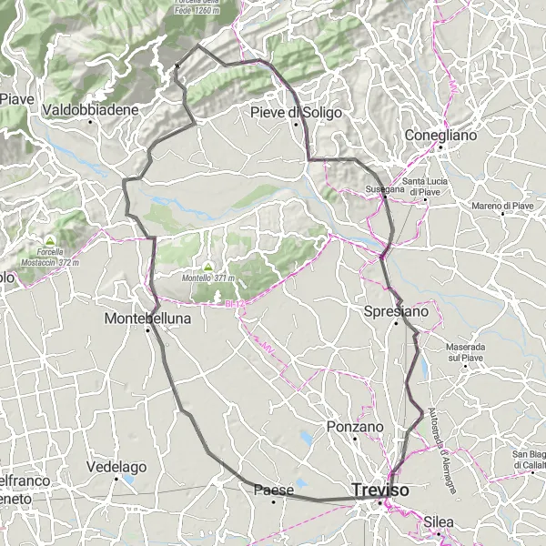 Miniature de la carte de l'inspiration cycliste "Parcours routier autour de Miane" dans la Veneto, Italy. Générée par le planificateur d'itinéraire cycliste Tarmacs.app