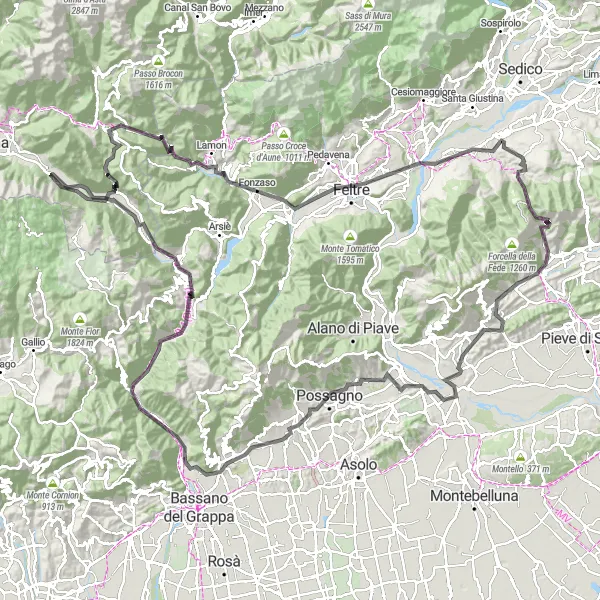 Map miniature of "Veneto's Mountains and Valleys" cycling inspiration in Veneto, Italy. Generated by Tarmacs.app cycling route planner