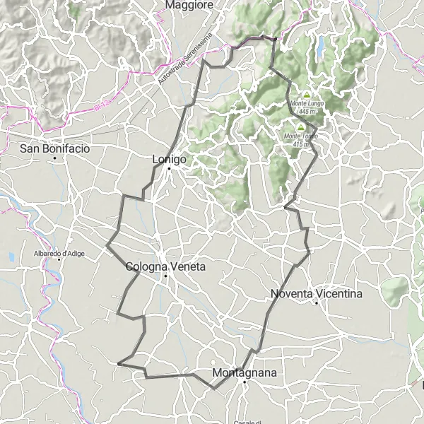 Miniatuurkaart van de fietsinspiratie "Roadtrip Minerbe - Veronella - Sarego - Punto Panoramico - Pojana Maggiore - Bevilacqua" in Veneto, Italy. Gemaakt door de Tarmacs.app fietsrouteplanner