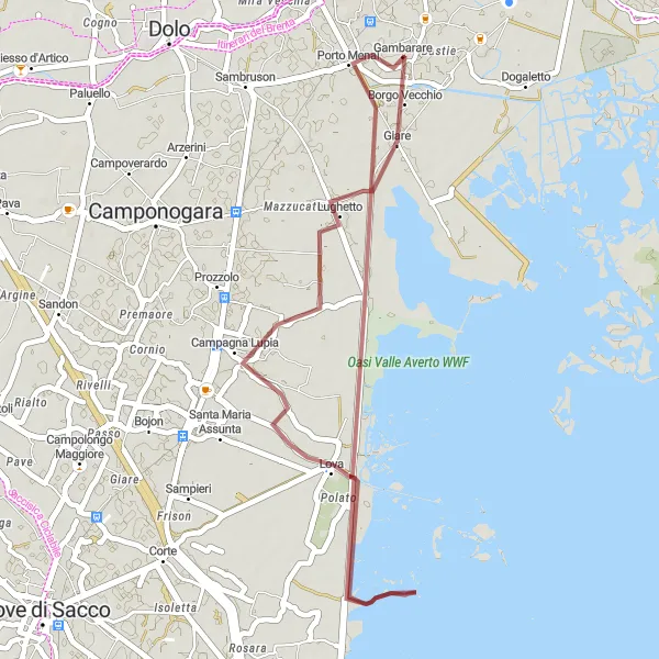 Zemljevid v pomanjšavi "Gravelna krožna pot okoli Mira Taglio" kolesarske inspiracije v Veneto, Italy. Generirano z načrtovalcem kolesarskih poti Tarmacs.app