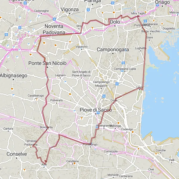 Kartminiatyr av "Grusväg till Noventa Padovana" cykelinspiration i Veneto, Italy. Genererad av Tarmacs.app cykelruttplanerare