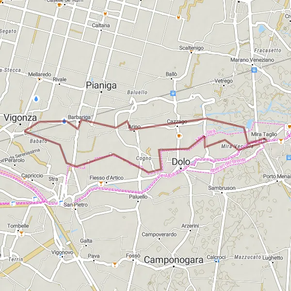 Kartminiatyr av "Grusvägar och historiska platser" cykelinspiration i Veneto, Italy. Genererad av Tarmacs.app cykelruttplanerare