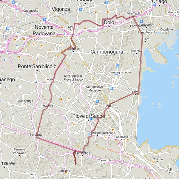 Zemljevid v pomanjšavi "Gravel krožna pot od Mira Taglio" kolesarske inspiracije v Veneto, Italy. Generirano z načrtovalcem kolesarskih poti Tarmacs.app