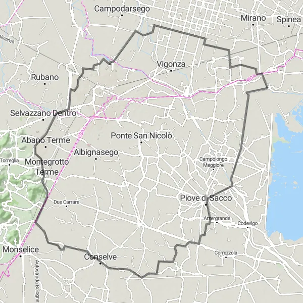 Zemljevid v pomanjšavi "Uživanje v slikovitih pokrajinah ob reki in gorah" kolesarske inspiracije v Veneto, Italy. Generirano z načrtovalcem kolesarskih poti Tarmacs.app