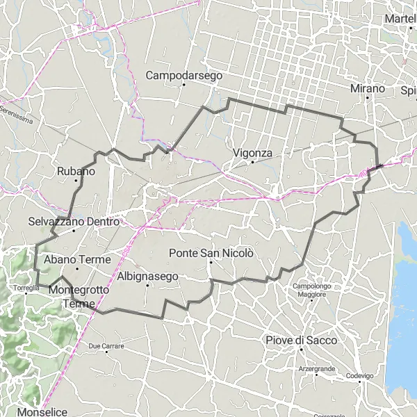 Zemljevid v pomanjšavi "Kolesarska pot Montegrotto Terme - Scaltenigo" kolesarske inspiracije v Veneto, Italy. Generirano z načrtovalcem kolesarskih poti Tarmacs.app