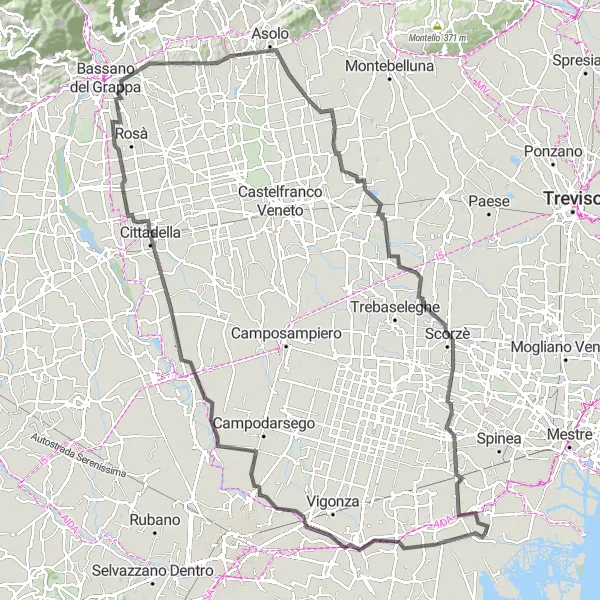 Miniaturní mapa "Cyklistická trasa kolem Mira Taglio - Veneto" inspirace pro cyklisty v oblasti Veneto, Italy. Vytvořeno pomocí plánovače tras Tarmacs.app