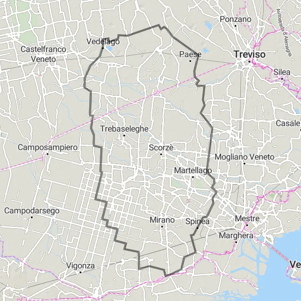 Miniaturní mapa "Jízda Venetem" inspirace pro cyklisty v oblasti Veneto, Italy. Vytvořeno pomocí plánovače tras Tarmacs.app