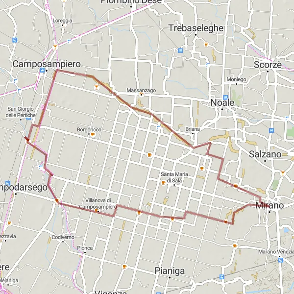 Zemljevid v pomanjšavi "Sproščujoča vožnja po podeželju" kolesarske inspiracije v Veneto, Italy. Generirano z načrtovalcem kolesarskih poti Tarmacs.app
