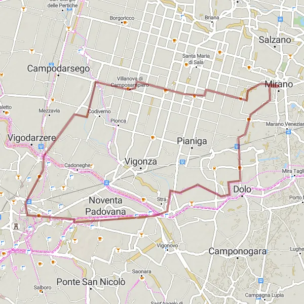 Miniature de la carte de l'inspiration cycliste "Les canaux et les villas autour de Mirano" dans la Veneto, Italy. Générée par le planificateur d'itinéraire cycliste Tarmacs.app