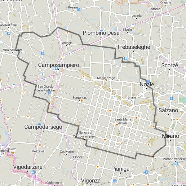 Mapa miniatúra "Cyklotúra cez Villa del Conte a Noale" cyklistická inšpirácia v Veneto, Italy. Vygenerované cyklistickým plánovačom trás Tarmacs.app