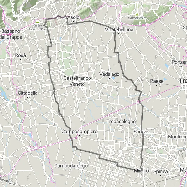 Mapa miniatúra "Výlet cez San Zenone degli Ezzelini" cyklistická inšpirácia v Veneto, Italy. Vygenerované cyklistickým plánovačom trás Tarmacs.app