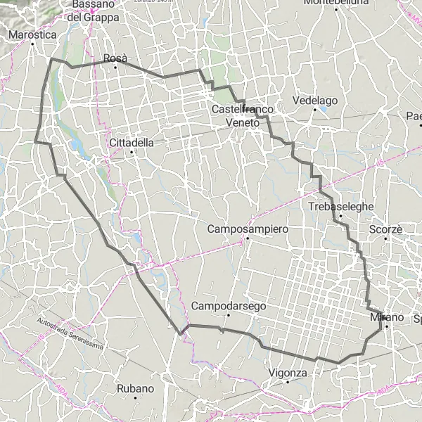 Mapa miniatúra "Road cesta s výhľadmi na Pianiga" cyklistická inšpirácia v Veneto, Italy. Vygenerované cyklistickým plánovačom trás Tarmacs.app