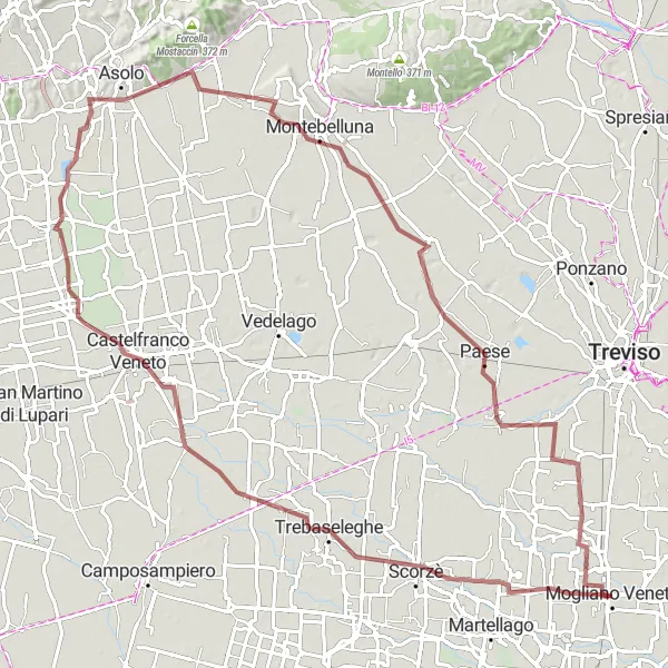 Karten-Miniaturansicht der Radinspiration "Gravel-Abenteuer durch Trebaseleghe und Montebelluna" in Veneto, Italy. Erstellt vom Tarmacs.app-Routenplaner für Radtouren