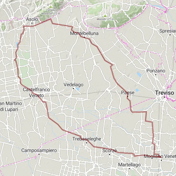 Miniaturní mapa "Gravelový okruh kolem Veneta" inspirace pro cyklisty v oblasti Veneto, Italy. Vytvořeno pomocí plánovače tras Tarmacs.app