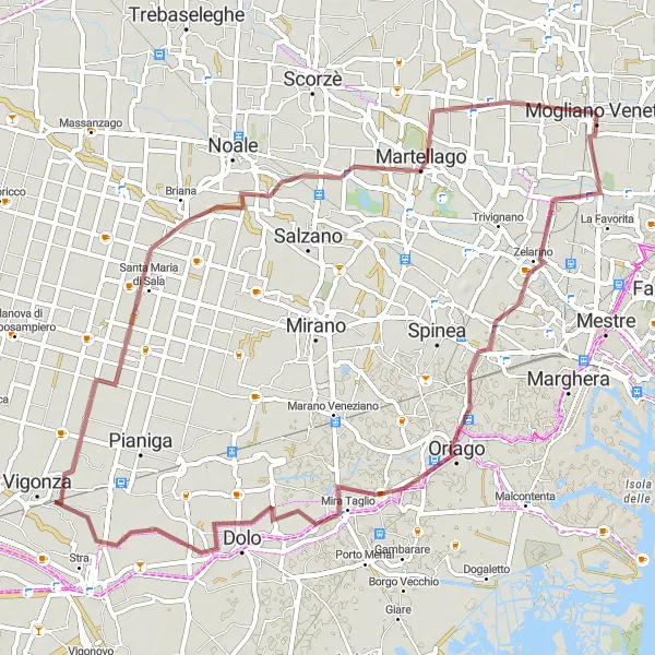 Miniaturní mapa "Gravelová trasa kolem Veneta" inspirace pro cyklisty v oblasti Veneto, Italy. Vytvořeno pomocí plánovače tras Tarmacs.app