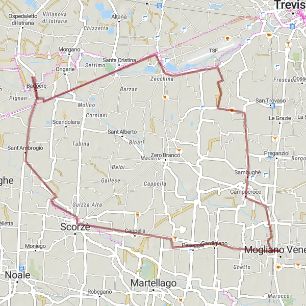 Miniatura mapy "Trasa przez Peseggia i Sambughè" - trasy rowerowej w Veneto, Italy. Wygenerowane przez planer tras rowerowych Tarmacs.app