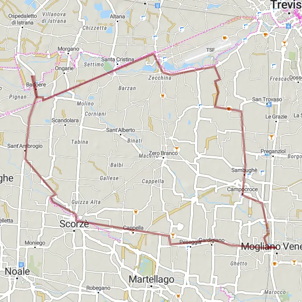 Map miniature of "Exploring Quinto di Treviso" cycling inspiration in Veneto, Italy. Generated by Tarmacs.app cycling route planner