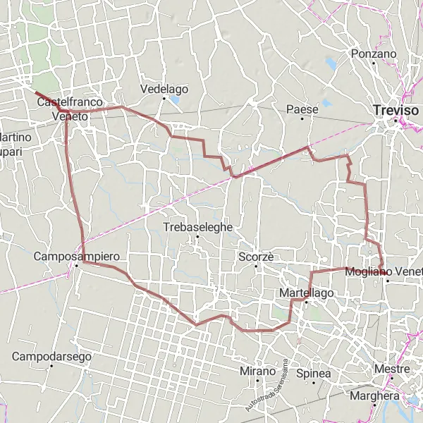 Kartminiatyr av "Grusvägsrundtur från Mogliano Veneto till Castelfranco Veneto" cykelinspiration i Veneto, Italy. Genererad av Tarmacs.app cykelruttplanerare