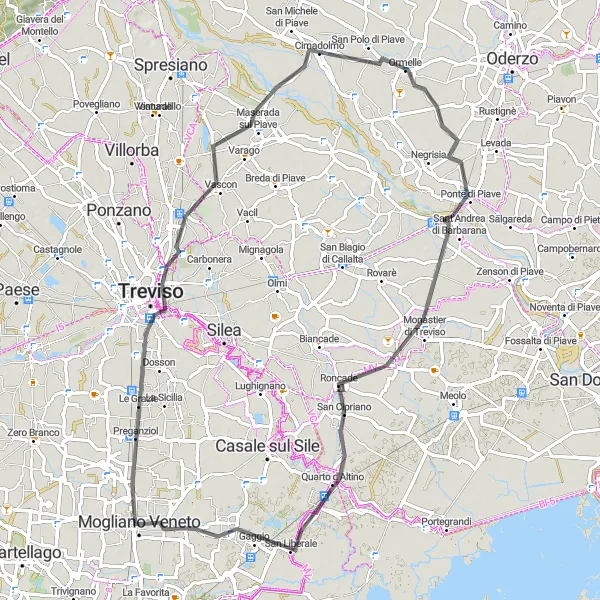 Mapa miniatúra "Cultural Cycling to Roncade" cyklistická inšpirácia v Veneto, Italy. Vygenerované cyklistickým plánovačom trás Tarmacs.app