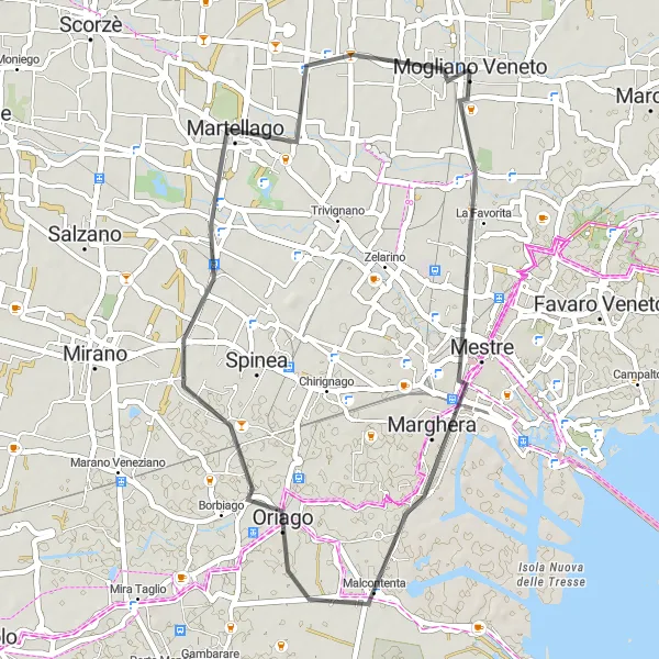 Miniatura della mappa di ispirazione al ciclismo "Giro panoramico tra Mestre e Mogliano Veneto" nella regione di Veneto, Italy. Generata da Tarmacs.app, pianificatore di rotte ciclistiche