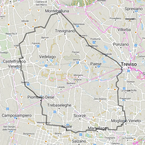 Map miniature of "Noale to Montebelluna Loop" cycling inspiration in Veneto, Italy. Generated by Tarmacs.app cycling route planner