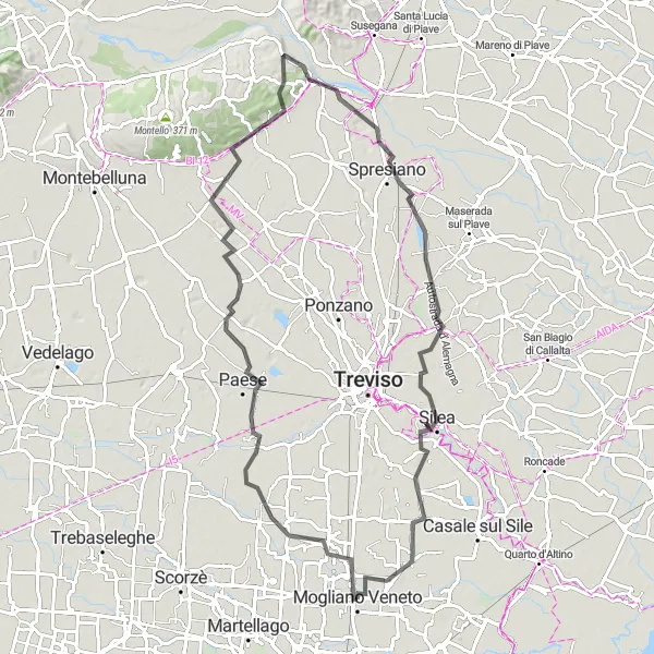 Miniatura della mappa di ispirazione al ciclismo "Scenic Road Loop to Zerman" nella regione di Veneto, Italy. Generata da Tarmacs.app, pianificatore di rotte ciclistiche