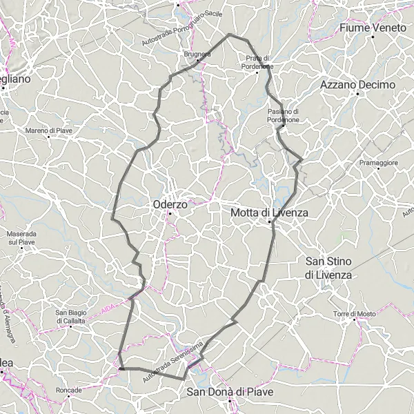 Map miniature of "Ponte di Piave and Motta di Livenza Loop" cycling inspiration in Veneto, Italy. Generated by Tarmacs.app cycling route planner