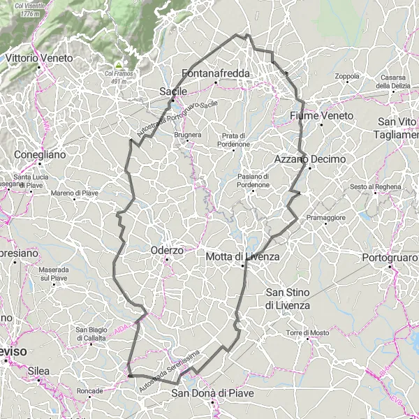 Miniatua del mapa de inspiración ciclista "Ruta de Monastier di Treviso a Fossalta di Piave" en Veneto, Italy. Generado por Tarmacs.app planificador de rutas ciclistas