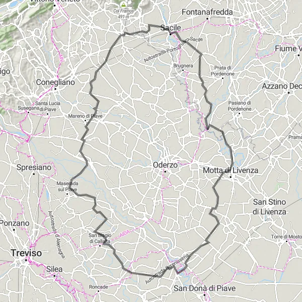 Miniaturní mapa "Scenic Road Cycling Route to Cordignano and Noventa di Piave" inspirace pro cyklisty v oblasti Veneto, Italy. Vytvořeno pomocí plánovače tras Tarmacs.app