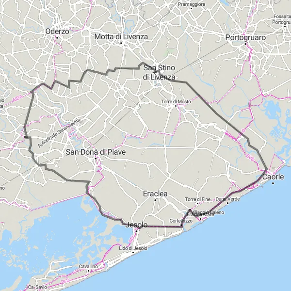 Map miniature of "Jewels of Jesolo" cycling inspiration in Veneto, Italy. Generated by Tarmacs.app cycling route planner