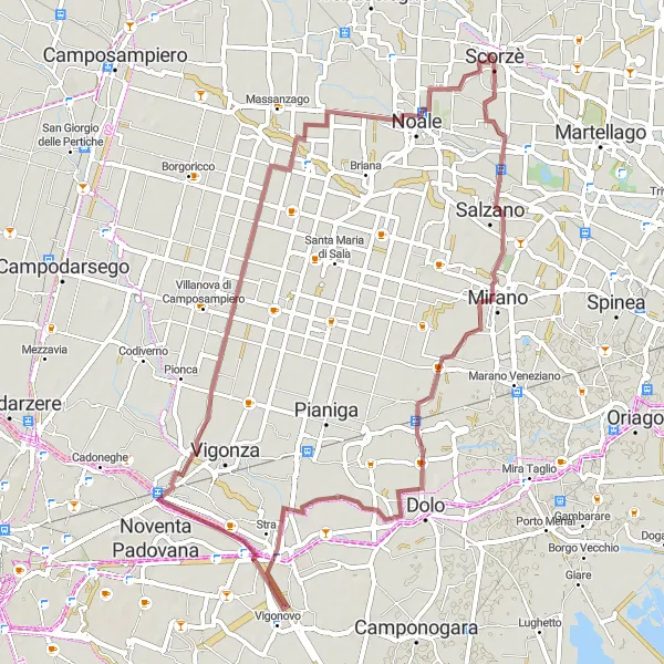 Miniatura della mappa di ispirazione al ciclismo "Avventura in Gravel a Villa Foscarini Rossi" nella regione di Veneto, Italy. Generata da Tarmacs.app, pianificatore di rotte ciclistiche