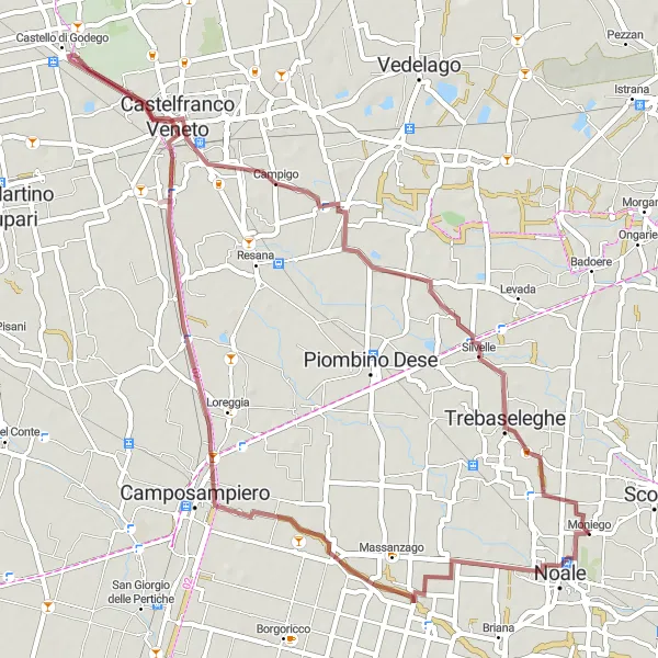 Miniaturní mapa "Gravel Road to Moniego" inspirace pro cyklisty v oblasti Veneto, Italy. Vytvořeno pomocí plánovače tras Tarmacs.app