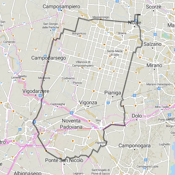 Mapa miniatúra "Jazda okolo okolia Moniega" cyklistická inšpirácia v Veneto, Italy. Vygenerované cyklistickým plánovačom trás Tarmacs.app