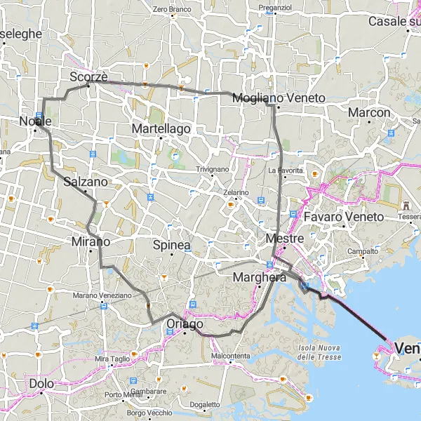 Karten-Miniaturansicht der Radinspiration "Radtour von Moniego nach Cappella und Marocco" in Veneto, Italy. Erstellt vom Tarmacs.app-Routenplaner für Radtouren