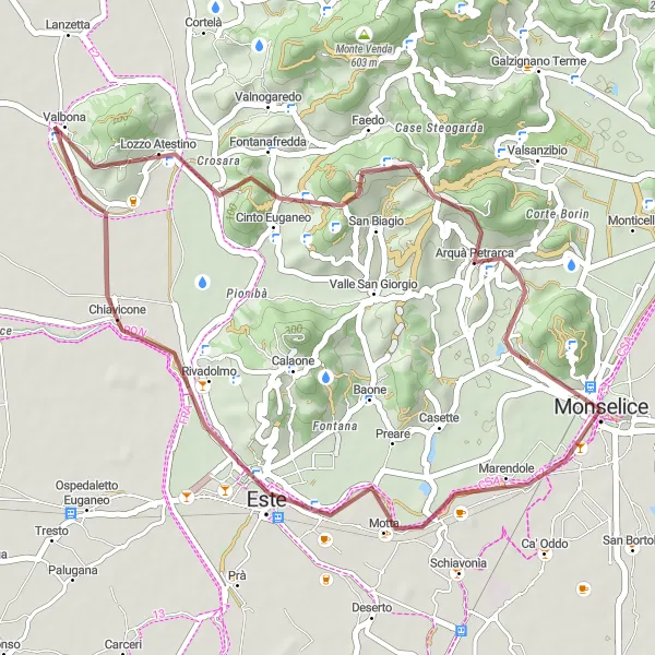 Map miniature of "Exploring the Natural Beauty of the Euganean Hills" cycling inspiration in Veneto, Italy. Generated by Tarmacs.app cycling route planner