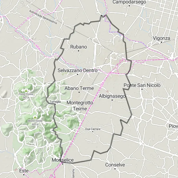 Karten-Miniaturansicht der Radinspiration "Entdeckungstour von Monselice nach Galzignano Terme" in Veneto, Italy. Erstellt vom Tarmacs.app-Routenplaner für Radtouren