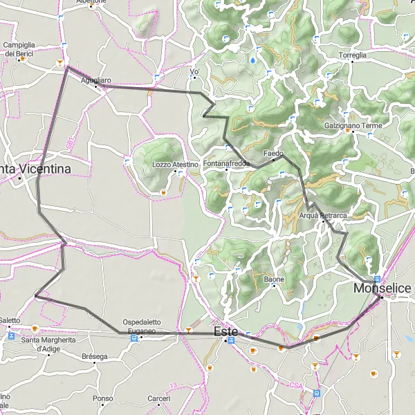 Miniature de la carte de l'inspiration cycliste "La Boucle des Villages Euganéens" dans la Veneto, Italy. Générée par le planificateur d'itinéraire cycliste Tarmacs.app