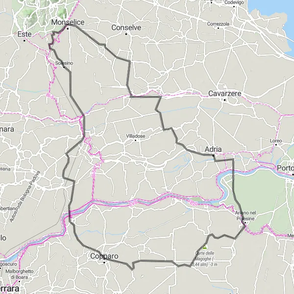 Karten-Miniaturansicht der Radinspiration "Von Monselice nach Adria über La Rocca" in Veneto, Italy. Erstellt vom Tarmacs.app-Routenplaner für Radtouren