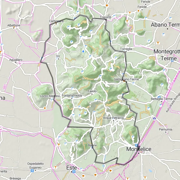 Miniature de la carte de l'inspiration cycliste "Montagnes Euganéennes Challenge" dans la Veneto, Italy. Générée par le planificateur d'itinéraire cycliste Tarmacs.app