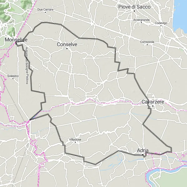 Miniature de la carte de l'inspiration cycliste "Aventure à travers Arzercavalli" dans la Veneto, Italy. Générée par le planificateur d'itinéraire cycliste Tarmacs.app